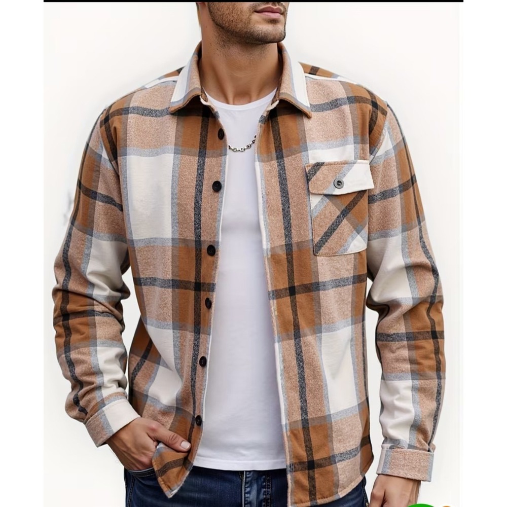 Men's Heavyweight Flannel Shirt Jacket, Khaki, Button Front with Pocket